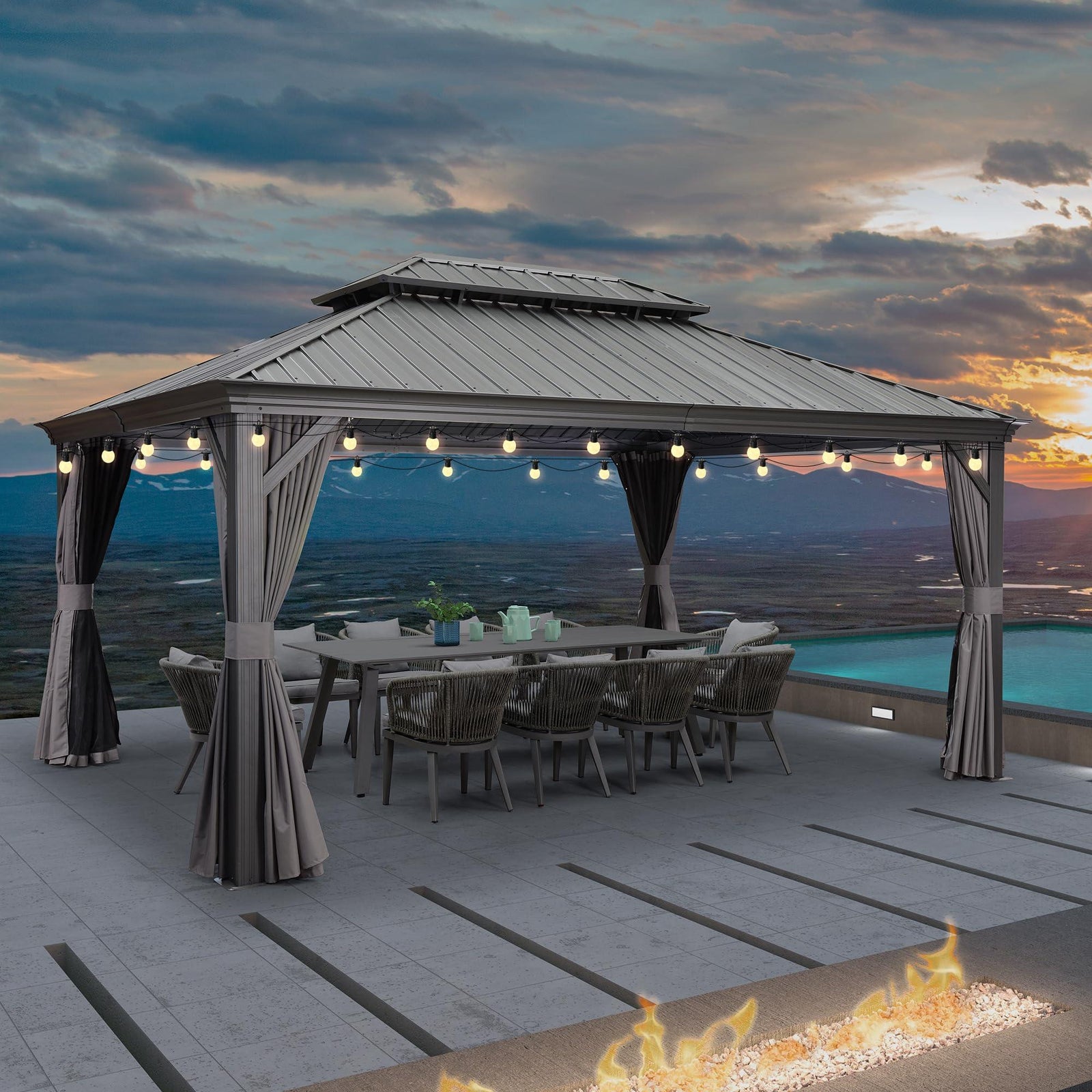 Outdoor Hardtop Gazebo String Lights | Galvanized Steel roof