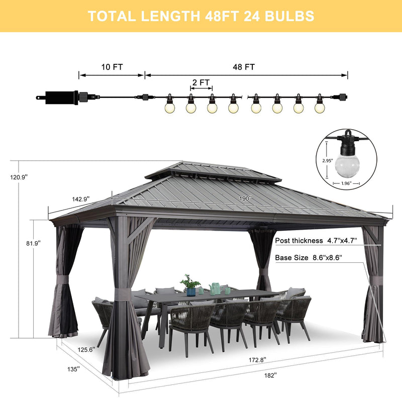 PURPLE LEAF Patio Gazebo for Backyard Grey Hardtop Galvanized Steel Roof Awning with String Lights - Purple Leaf Garden