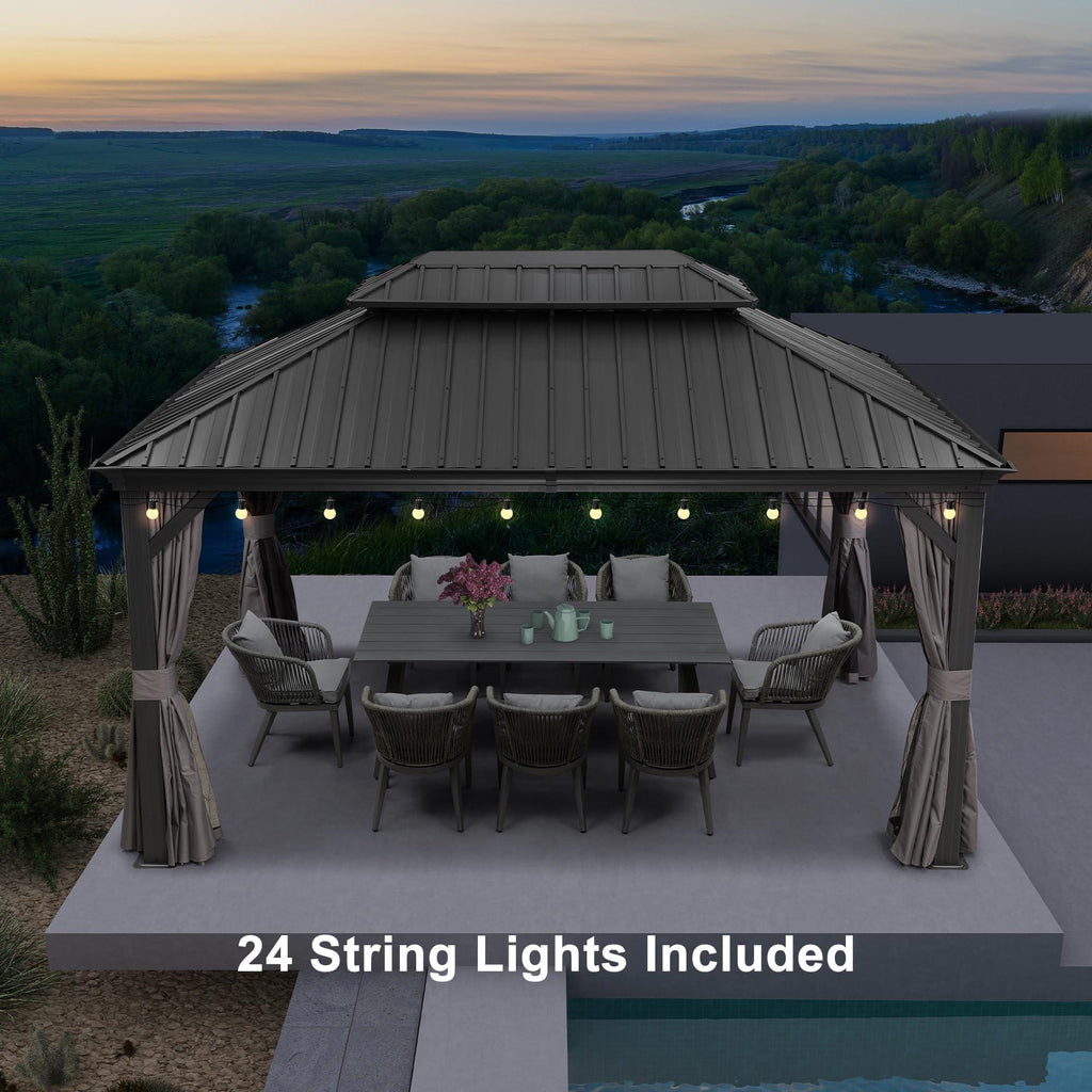Outdoor Hardtop Gazebo String Lights | Galvanized Steel roof