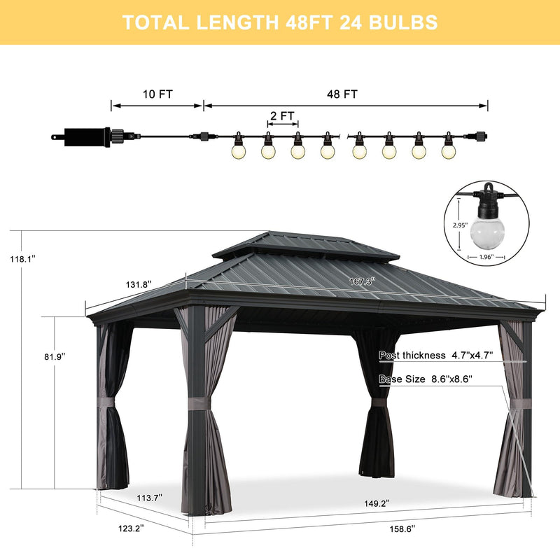 PURPLE LEAF Patio Gazebo for Backyard Grey Hardtop Galvanized Steel Roof Awning with String Lights - Purple Leaf Garden