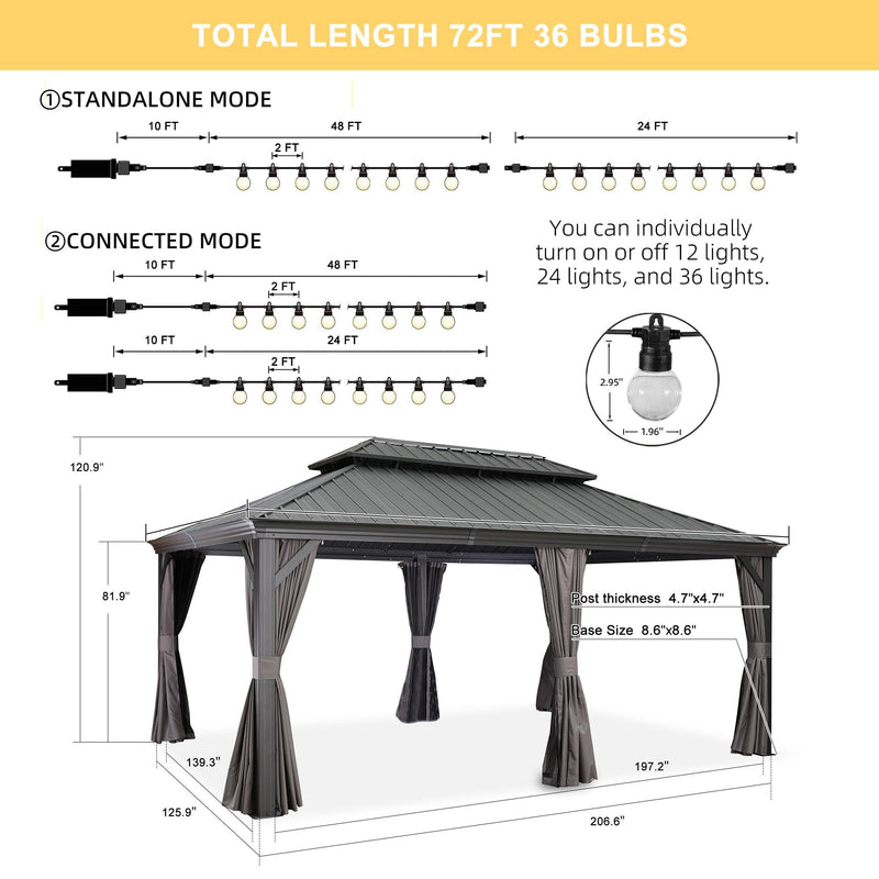 PURPLE LEAF Patio Gazebo for Backyard Grey Hardtop Galvanized Steel Roof Awning with String Lights - Purple Leaf Garden