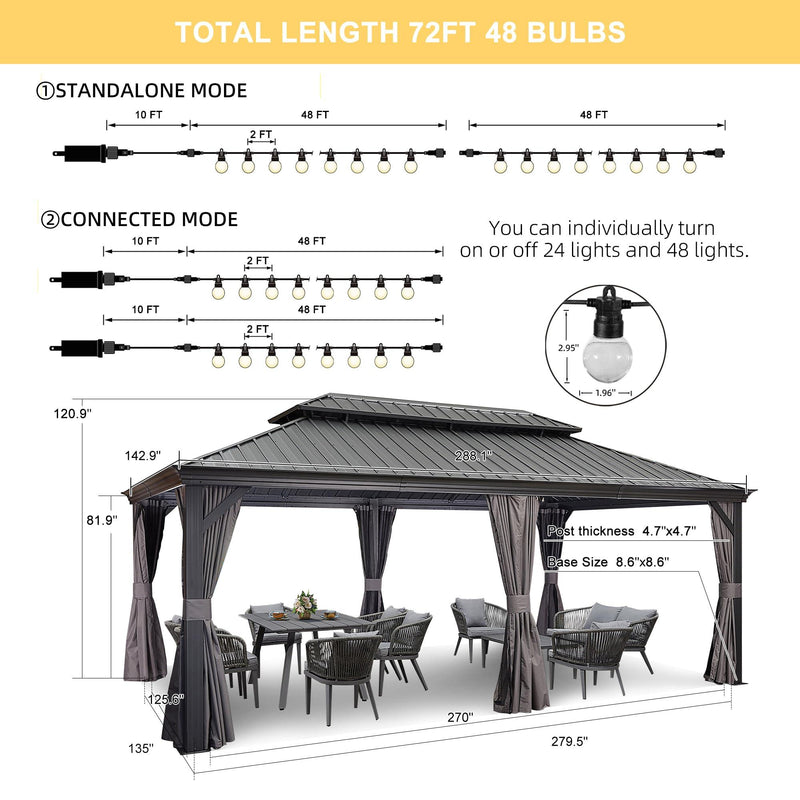 PURPLE LEAF Patio Gazebo for Backyard Grey Hardtop Galvanized Steel Roof Awning with String Lights - Purple Leaf Garden