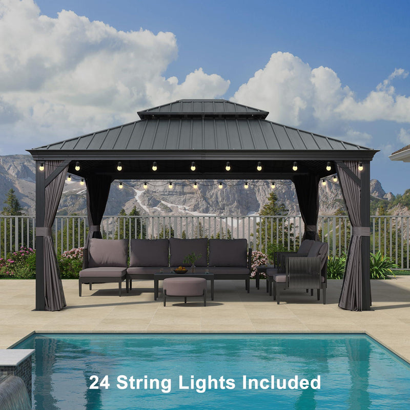 PURPLE LEAF Patio Gazebo for Backyard Grey Hardtop Galvanized Steel Roof Awning with String Lights - Purple Leaf Garden