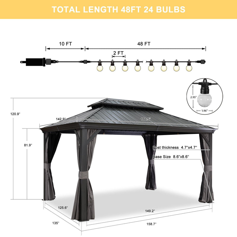 PURPLE LEAF Patio Gazebo for Backyard Grey Hardtop Galvanized Steel Roof Awning with String Lights - Purple Leaf Garden