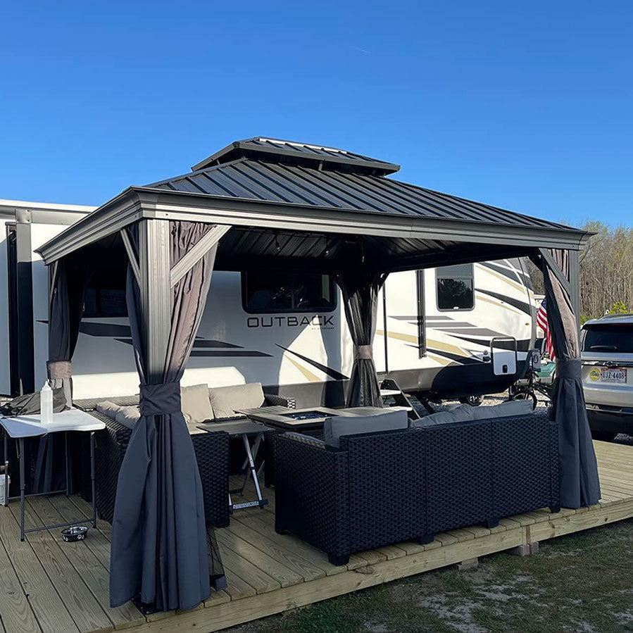 grey gazebo with shelves