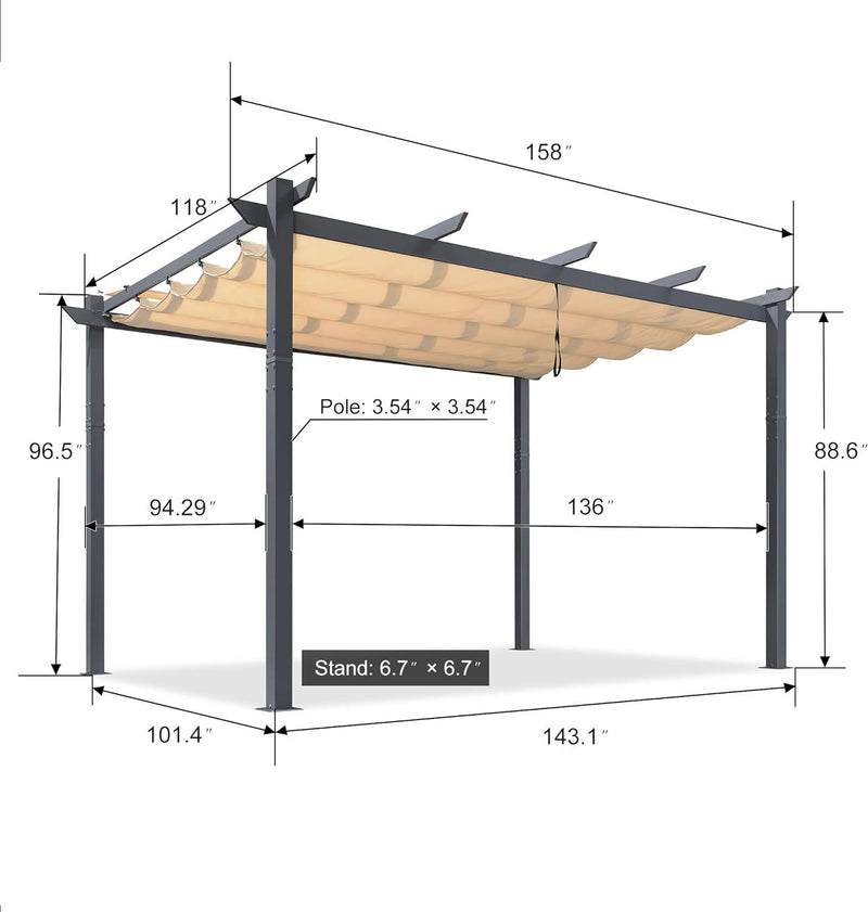 PURPLE LEAF Patio Retractable Pergola with Shade Canopy Modern Grill Gazebo Metal Shelter Pavilion for Porch Deck Garden Backyard Outdoor Pergola, Grey - Purple Leaf Garden