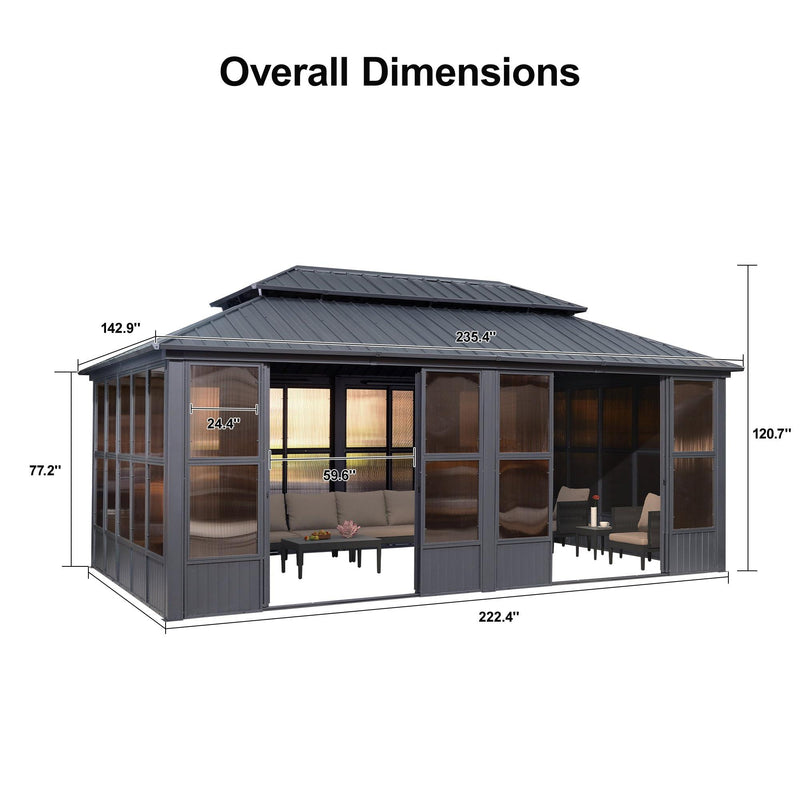 PURPLE LEAF Sunroom Hardtop Gazebo Solarium Grey Galvanized Steel Double Roof All-Weather Aluminum Outdoor Screen House - Purple Leaf Garden