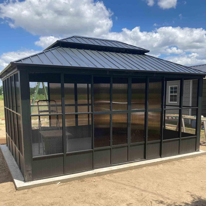 PURPLE LEAF Sunroom Hardtop Gazebo Solarium Grey Galvanized Steel Double Roof All-Weather Aluminum Outdoor Screen House - Purple Leaf Garden