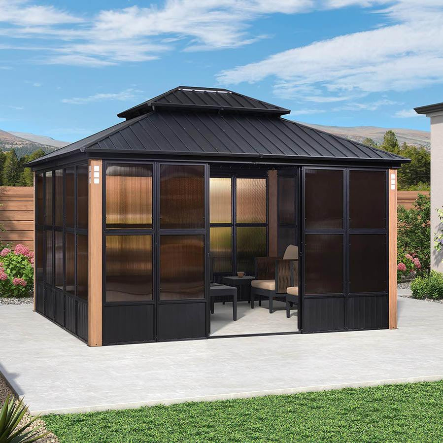 modern wood grain frame gazebo with clean lines