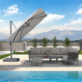 Cantilever patio umbrella and outdoor sectional sofa set near a pool, patio shade solutions