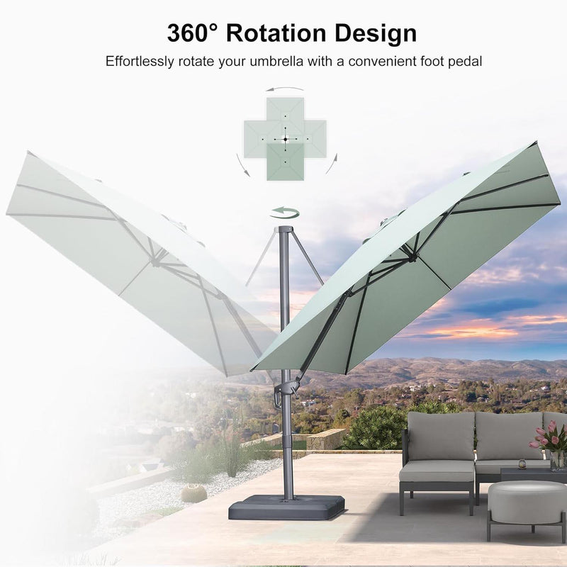 PURPLE LEAF Economical Square Outdoor Umbrella Olefin Rectangle Patio Umbrella Multifunctional Adjustment: The patio umbrella can be easily rotated 360° horizontally with the foot pedal design. With the aluminum handle and 5 height-adjustable tilt operating system, you can easily change the height and angle of the canopy to provide more protection from the sun.