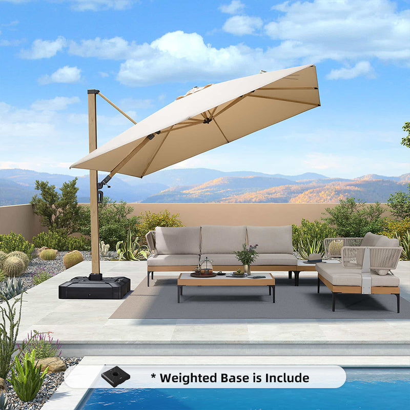 PURPLE LEAF Wood Grain Patio Umbrella with Base, Large Cantilever Umbrella for Garden