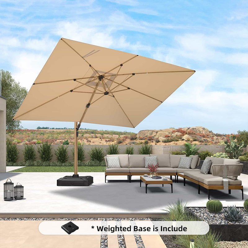 PURPLE LEAF Wood Grain Patio Umbrella with Base, Large Cantilever Umbrella for Garden