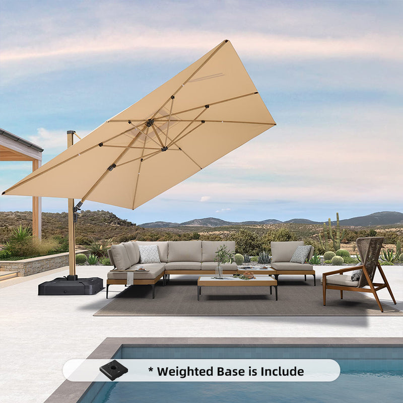 PURPLE LEAF Wood Grain Patio Umbrella with Base, Large Cantilever Umbrella for Garden