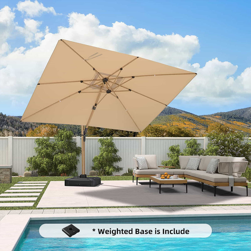 PURPLE LEAF Wood Grain Patio Umbrella with Base, Large Cantilever Umbrella for Garden