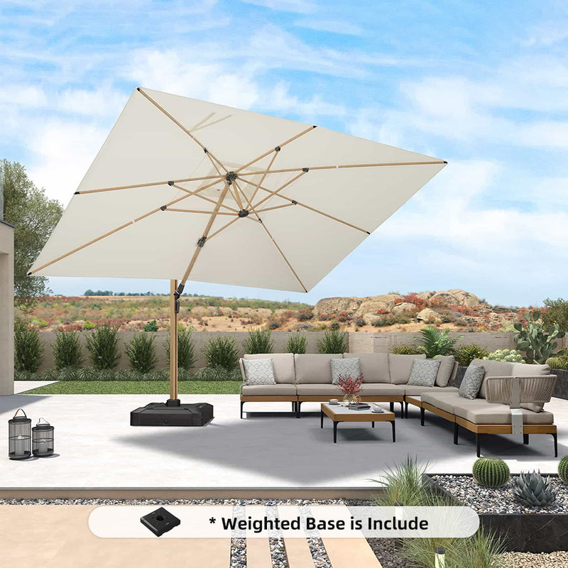 PURPLE LEAF Wood Grain Patio Umbrella with Base, Large Cantilever Umbrella for Garden