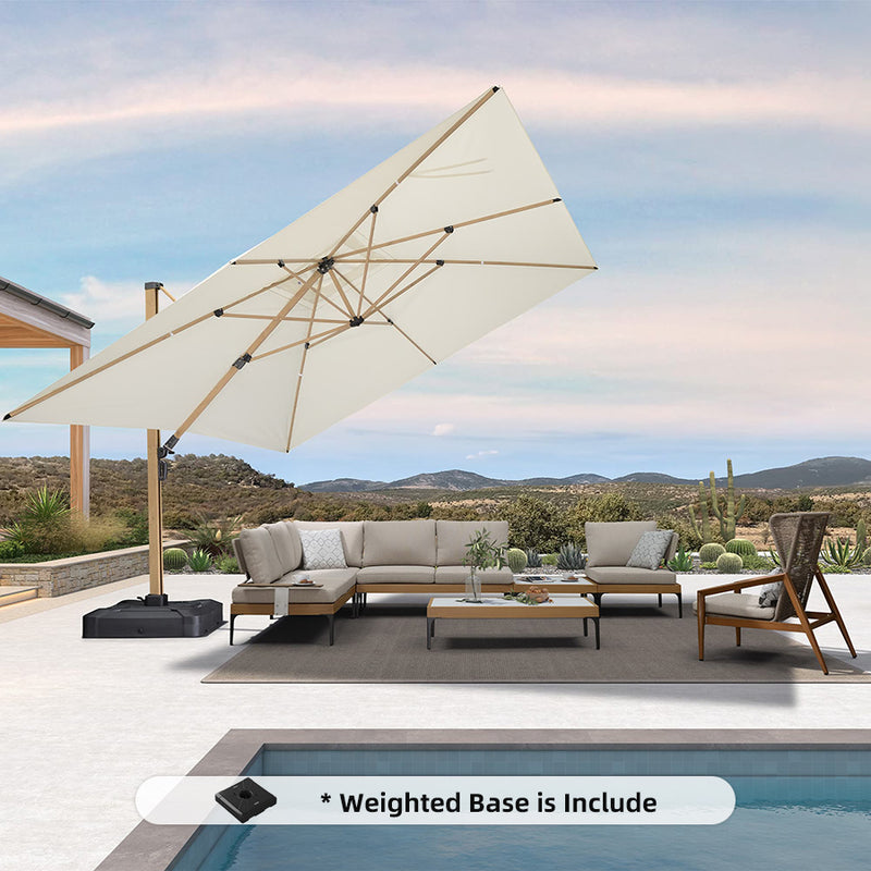 PURPLE LEAF Wood Grain Patio Umbrella with Base, Large Cantilever Umbrella for Garden