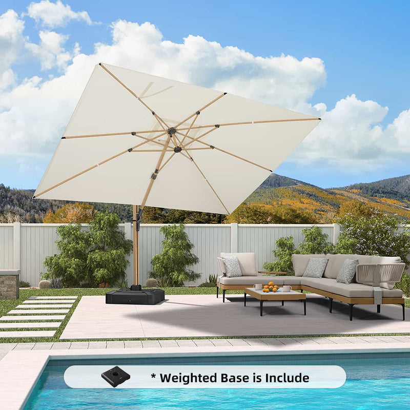PURPLE LEAF Wood Grain Patio Umbrella with Base, Large Cantilever Umbrella for Garden