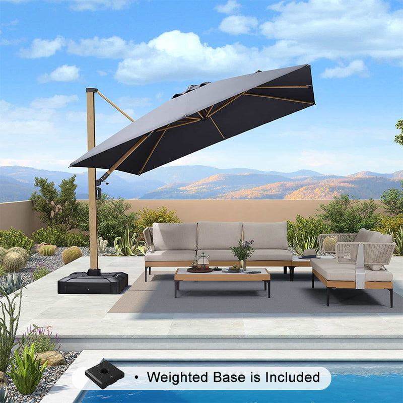 PURPLE LEAF Wood Grain Patio Umbrella with Base, Large Cantilever Umbrella for Garden