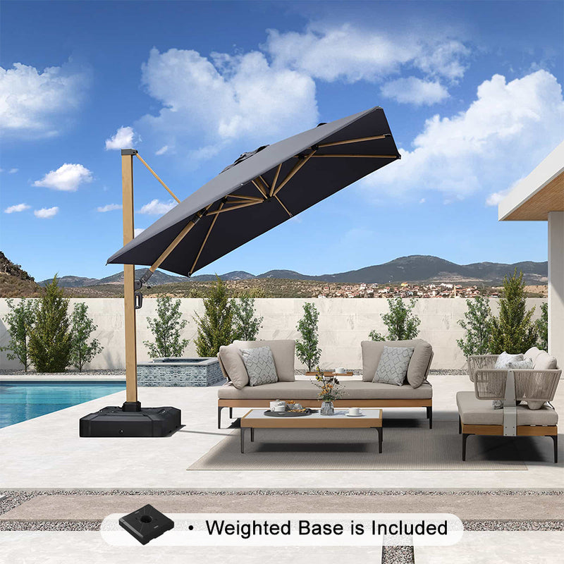 PURPLE LEAF Wood Grain Patio Umbrella with Base, Large Cantilever Umbrella for Garden