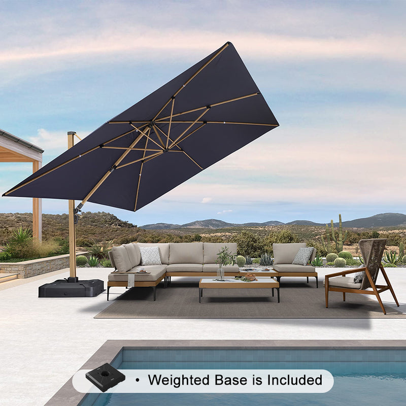 PURPLE LEAF Wood Grain Patio Umbrella with Base, Large Cantilever Umbrella for Garden