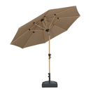 PURPLE LEAF beige patio market umbrella with wood-color aluminum pole, tilted.