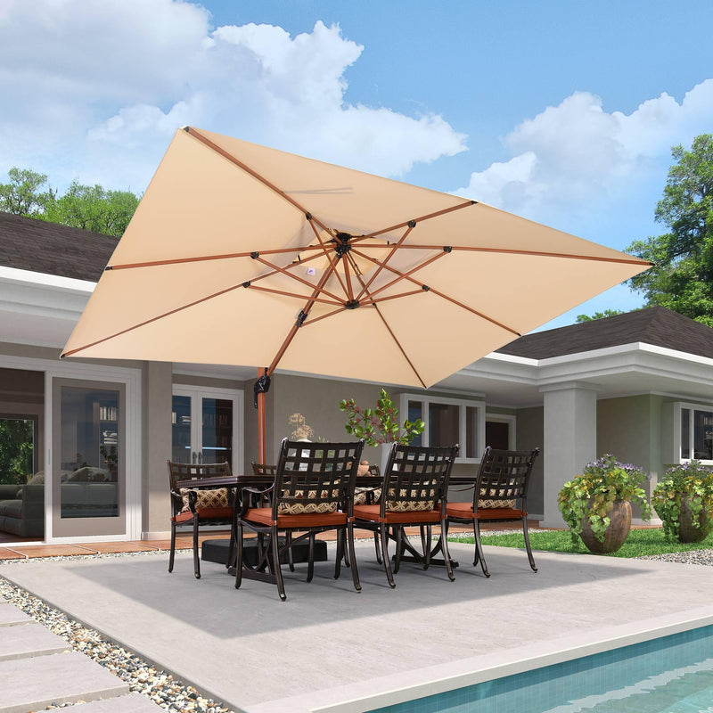 PURPLE LEAF Outdoor Garden Umbrella with Base, Cantilever Umbrellas in Wood Color