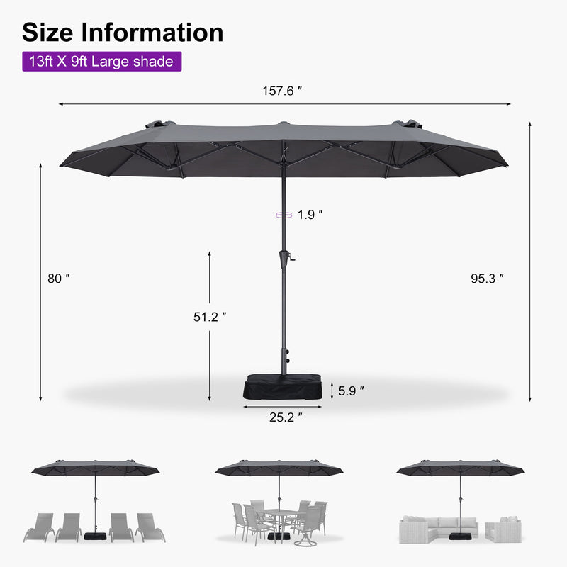 PURPLE LEAF Double-Sided Market Umbrella Large Rectangular Patio Umbrellas with Base