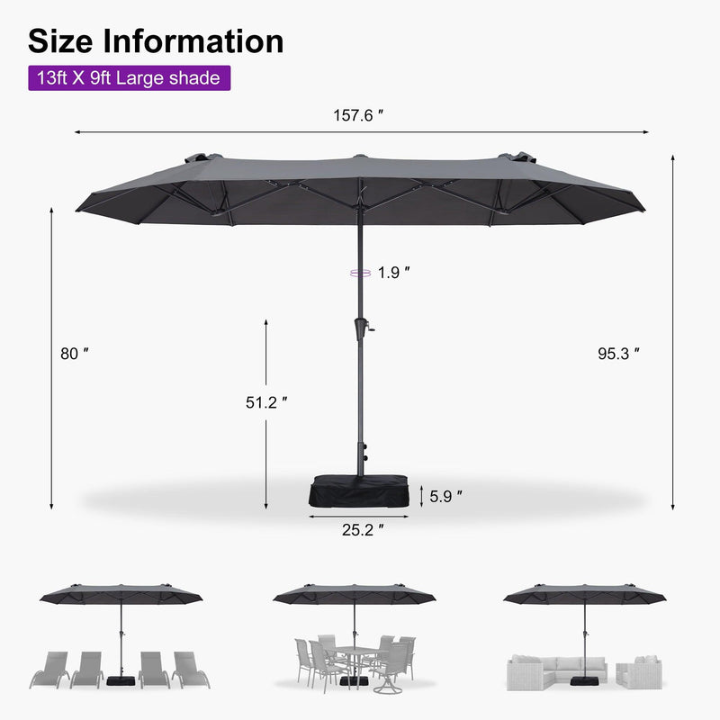 PURPLE LEAF Double-Sided Outdoor Market Table Umbrella with Base for Pool