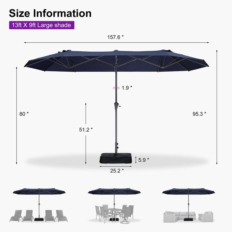 PURPLE LEAF Double-Sided Market Umbrella Large Rectangular Patio Umbrellas with Base