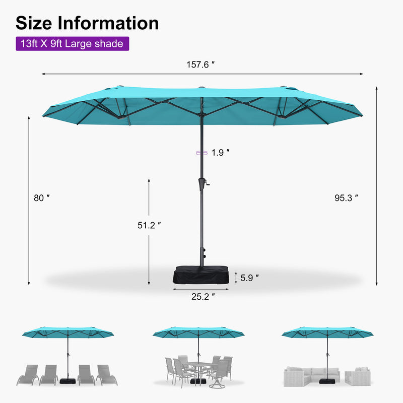 PURPLE LEAF Double-Sided Market Umbrella Large Rectangular Patio Umbrellas with Base