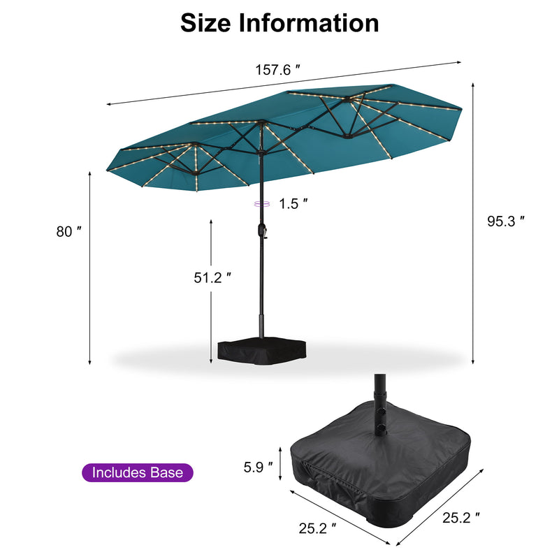 Clearance - PURPLE LEAF OPEN BOX Table Umbrella with Lights Double-Sided Market Umbrella with Base