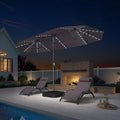 PURPLE LEAF 13'X7' double-sided large patio market gray umbrella with light and free base .The LED light strips under the umbrella illuminate the lounge chairs and the swimming pool, creating a warm and cozy atmosphere.