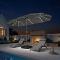 PURPLE LEAF 13'X7' double-sided large patio market light gtay umbrella with light and free base .The LED light strips under the umbrella illuminate the lounge chairs and the swimming pool, creating a warm and cozy atmosphere.