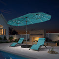 PURPLE LEAF 13'X7' double-sided large patio market turquoise blue umbrella with light and free base .The LED light strips under the umbrella illuminate the lounge chairs and the swimming pool, creating a warm and cozy atmosphere.