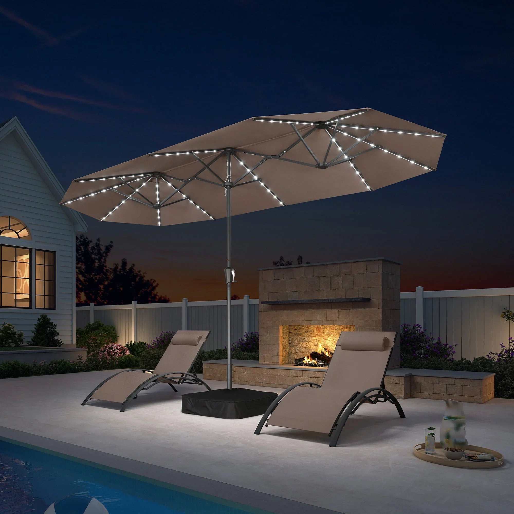 Double-Sided Market Umbrella | Solar LED Lights & Base