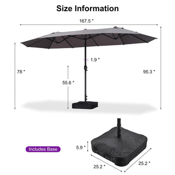 PURPLE LEAF 15x9ft Double-Sided Rectangular Outdoor Market Patio Umbrella with Base, Light Grey