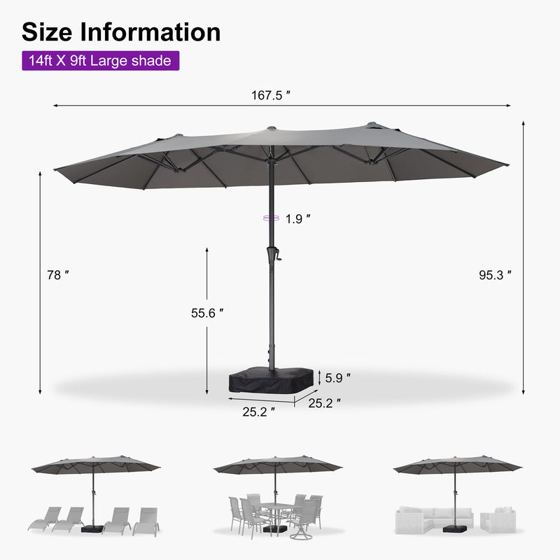 PURPLE LEAF Double-Sided Market Umbrella Large Rectangular Patio Umbrellas with Base
