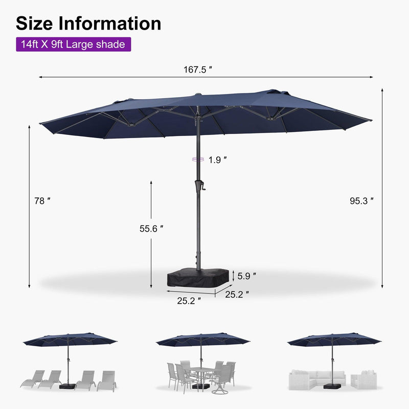 PURPLE LEAF Double-Sided Outdoor Market Table Umbrella with Base for Pool