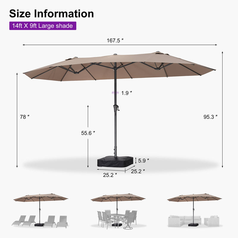 PURPLE LEAF Double-Sided Market Umbrella Large Rectangular Patio Umbrellas with Base