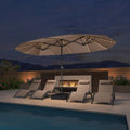 
PURPLE LEAF 14'X8' Double Sided Patio Large Retangular Outdoor with  Light Market Taupe Umbrellas with Free Base paired with matching loungers in the same color palette, it stands elegantly by the pool—its LED lights cast a flawless romantic glow for magical nights.