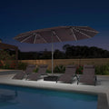 PURPLE LEAF 14'X8' double-sided large patio market gray umbrella with light and free base .The LED light strips under the umbrella illuminate the lounge chairs and the swimming pool, creating a warm and cozy atmosphere.