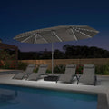 PURPLE LEAF 14'X8' double-sided large patio market light gtay umbrella with light and free base .The LED light strips under the umbrella illuminate the lounge chairs and the swimming pool, creating a warm and cozy atmosphere.