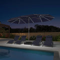 PURPLE LEAF 14'X8' double-sided large patio market navy blue umbrella with light and free base .The LED light strips under the umbrella illuminate the lounge chairs and the swimming pool, creating a warm and cozy atmosphere.