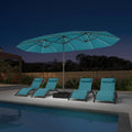 PURPLE LEAF 14'X8' double-sided large patio market turquoise blue umbrella with light and free base .The LED light strips under the umbrella illuminate the lounge chairs and the swimming pool, creating a warm and cozy atmosphere.