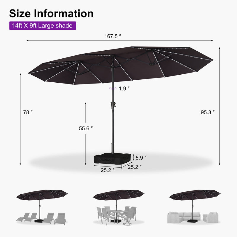 PURPLE LEAF Double-Sided Market Umbrella with Light Large Patio Umbrellas with Base