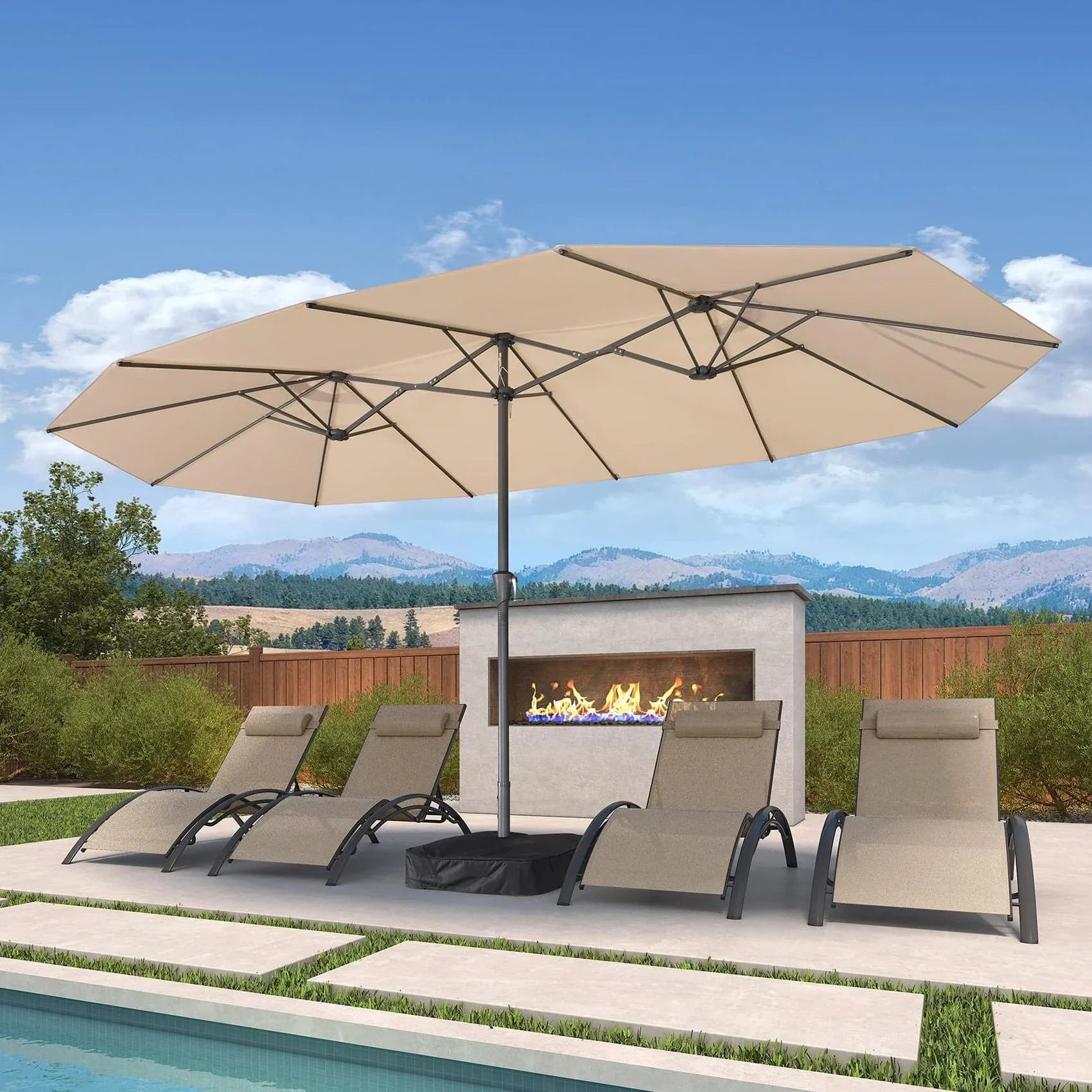 PURPLE LEAF Double-Sided Extra Large Patio Market Umbrella with Base 15' X 9'/ Beige PURPLE LEAF Double-Sided Extra Large Patio Market Umbrella with Base 15' X 9'/ Beige