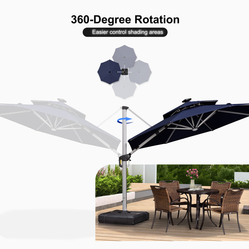 PURPLE LEAF Round Cantilever Umbrella with Base, Outdoor Umbrellas with Lights