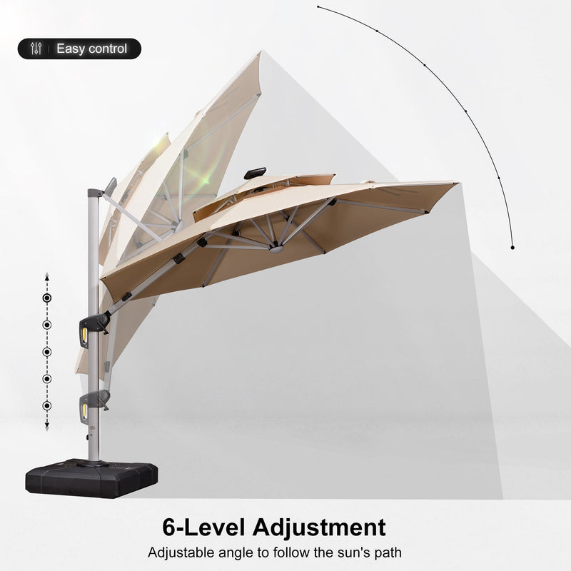 PURPLE LEAF Round Cantilever Umbrella with Base, Outdoor Umbrellas with Lights