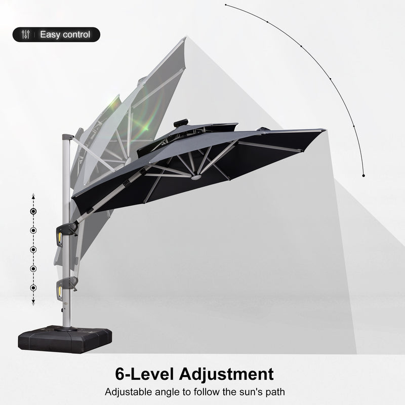 PURPLE LEAF Round Cantilever Umbrella with Base, Outdoor Umbrellas with Lights